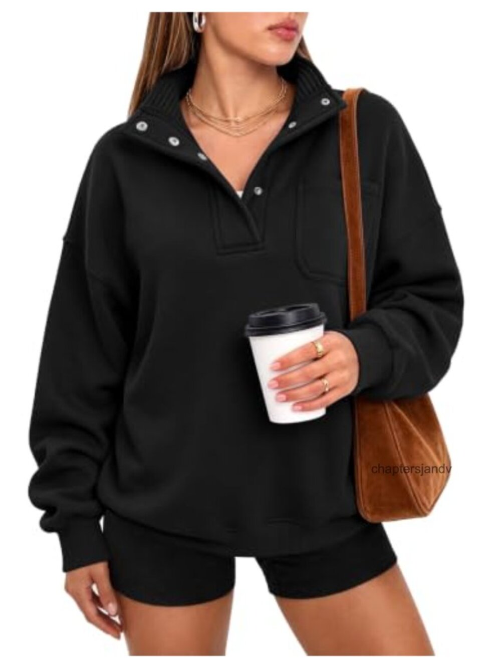 Oversized Henley Neck Sweatshirt Polyester Cotton Pullover